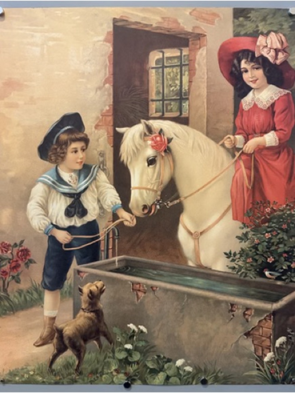 ANTIQUE GERMAN
LITHOGRAPH POSTER PRINT /
CHROMOLITHOGRAPH CHILDREN HORSE DOG